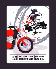 Flyer with contact, biker festival and motorshow flat vector illustration. Design for web poster, banner, test and gift card. Red bike, wolf logo, template, brush background.
