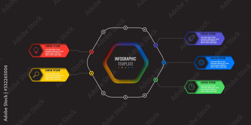 Aufkleber business infographic template with five realistic hexagonal elements with thin line icons on black b