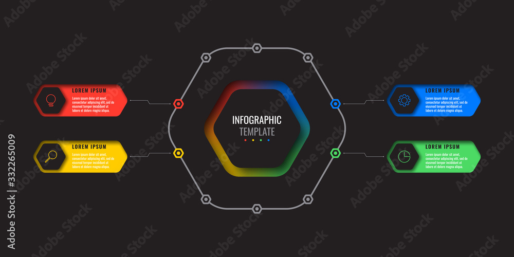 Aufkleber business infographic template with four realistic hexagonal elements with thin line icons on black b