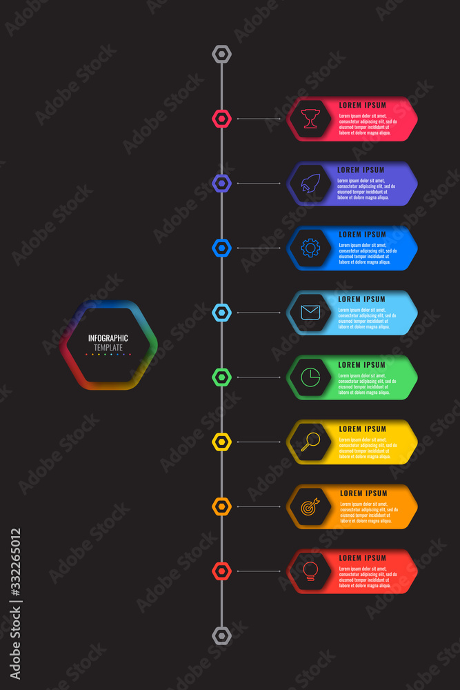 Aufkleber vertical timeline template with eight realistic hexagonal elements with thin line icons on black bac