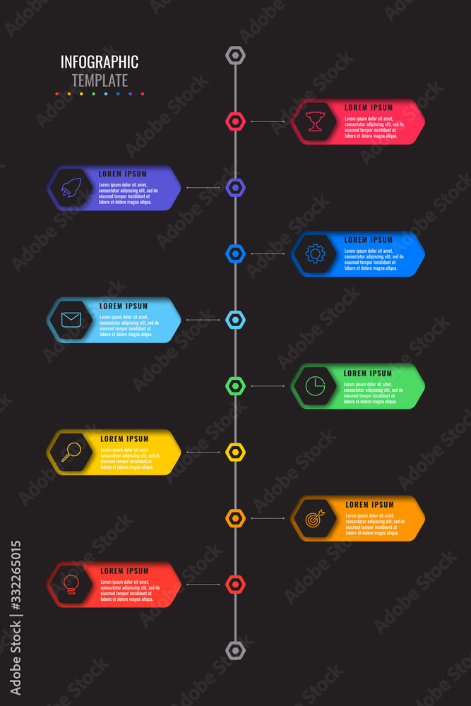 Aufkleber vertical timeline template with eight realistic hexagonal elements with thin line icons on black bac