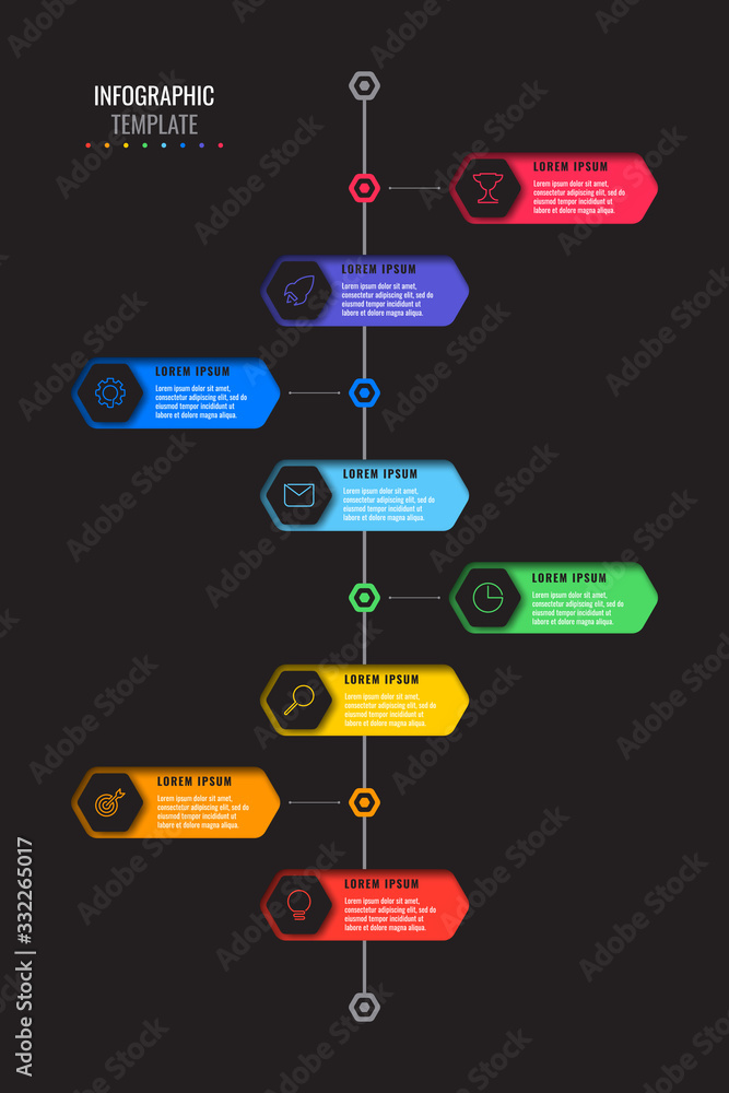Aufkleber vertical timeline template with eight realistic hexagonal elements with thin line icons on black bac