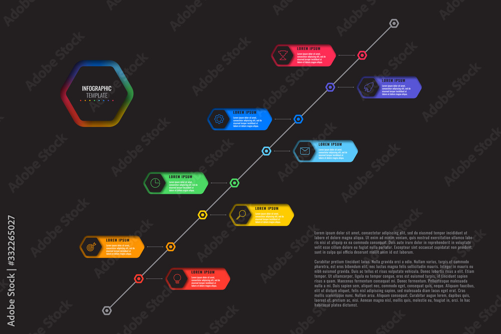 Aufkleber diagonal timeline template with eight realistic hexagonal elements with thin line icons on black bac