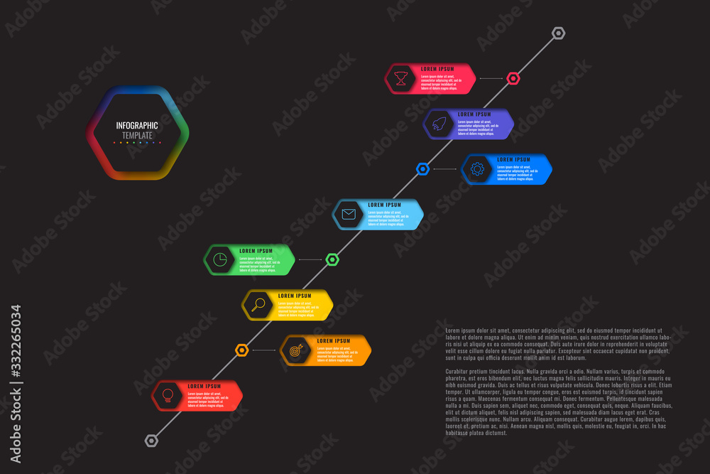 Aufkleber diagonal timeline template with eight realistic hexagonal elements with thin line icons on black bac