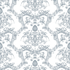 Seamless pattern with baroque luxury decorative elements, rocco style birds, cone and fashion swirls