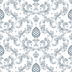 Seamless pattern with baroque damask design, rocco style birds and swirls elements