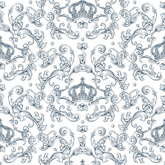 Seamless pattern with baroque damask design, rocco style crown and swirls elements