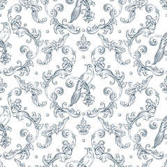 Seamless pattern with baroque damask design, rocco style bird and swirls elements
