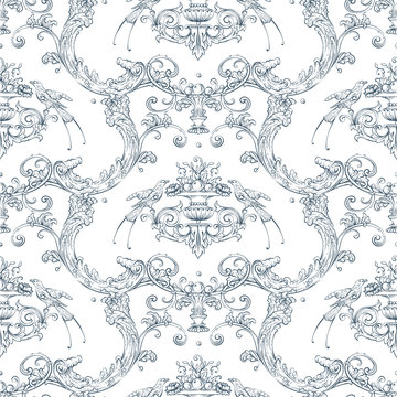 Seamless pattern with baroque luxury decorative elements, rocco style birds, fruits and fashion swirls