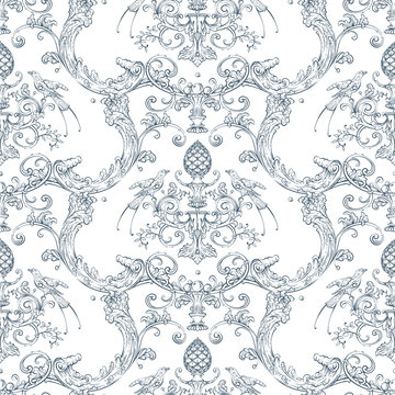 Seamless pattern with baroque luxury decorative elements, rocco style birds, cone and fashion swirls