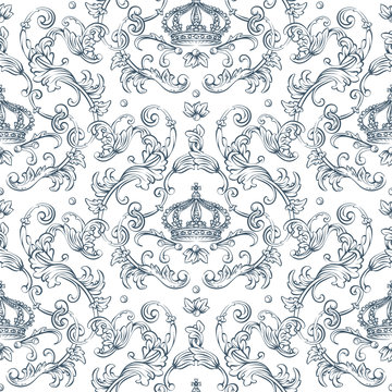 Seamless pattern with baroque damask design, rocco style crown and swirls elements