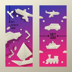 Banner for travel coupon, business get ticket here flat vector illustration. Paper cutting web poster, information card, trip card. Design silhouette transport for journey, paper vehicle.