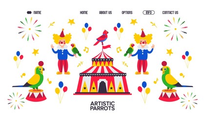 Web banner for artistic parrot, zoo circus with bird, clown vector illustration. Male character near circus tent. Contact us, about us, home, option button. Web site design template.