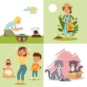 Pest in garden, insect flat vector illustration. Character woman with poison, children cry, cat get mouse, female repel mole. Design pest control for poster, web banner and card.