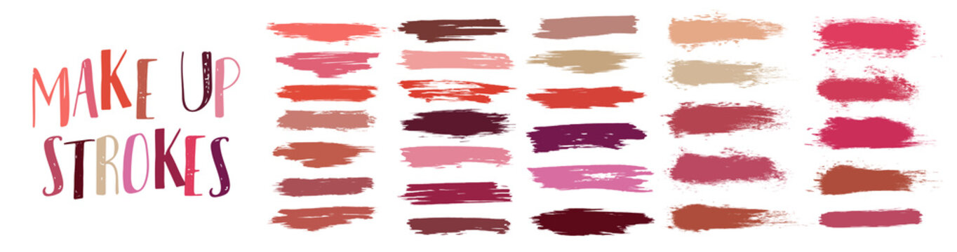 Swatches makeup strokes. Lipstick strokes for color presentation. Set  beauty cosmetic nude brush stains smear make up lines collection. Lipstick swatches texture isolated on white background. 
