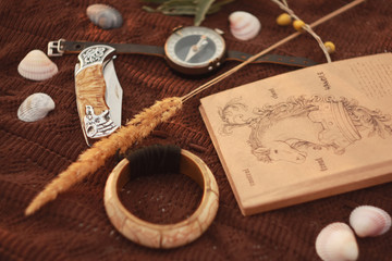 Notepad, compass, knife, olive branch, spikelet, bone bracelet and shells on a brown bedspread in the sand.
