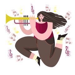 Vector woman with trumpet, notes, music. Holiday. Hand drawn illustration. Hippie music cartoon illustrations. Disco party. Musical pop concert, festival. T shirt print design.