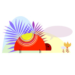 Cute cartoon vector ladybug card. Folk art vector animal flat illustration. Tribal nordic floral art with place for your text.