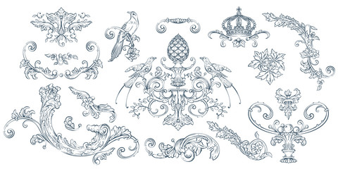 Luxury decorative vector elements set, rococo and baroque style, vintage luxury royal vignette - obrazy, fototapety, plakaty