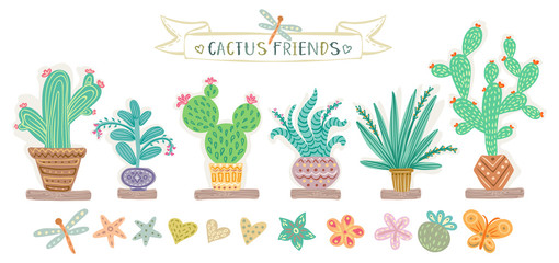 Set of cactus illustrations with cute elements. Stylish unique art. Green house plants garden. Vector illustration.