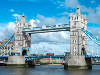 London tower bridge with red bus