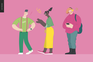 Waiting in line - modern flat vector concept illustration of a young men a women standing in line with smartphones, talking to each other. Multicultural, multilingual people, diversity concept