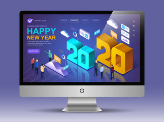 Vector Isometric Happy new year 2020 greetings concept on computer screen, Vector modern minimalist Happy new year Isometric card for 2020 Year, Vector illustration