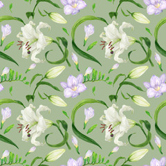 Tropical green seamless pattern with lily and freesia flowers