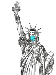 Obraz premium statue of liberty in a mask, coronavirus is a dangerous disease in the United States of America, a respirator, protection from the virus. hand drawn vector illustration sketch