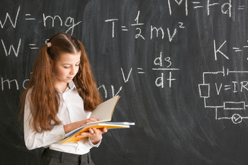 Cute little girl near blackboard at physics lesson in classroom