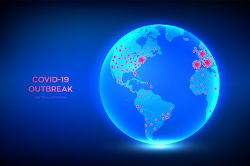 World map of Coronavirus 2019-nCov confirmed cases. Planet Earth globe with icon of coronavirus COVID-19 infected countries. COVID 19 outbreak and world pandemic risk concept. Vector illustration.