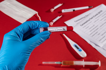 Test tube with blood for analysis 2019-nCoV. New concept of Chinese coronavirus blood test.