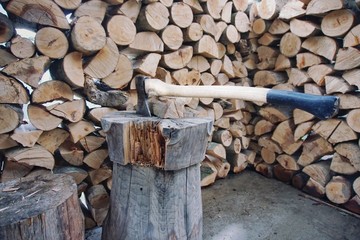Ax and pile of wood
