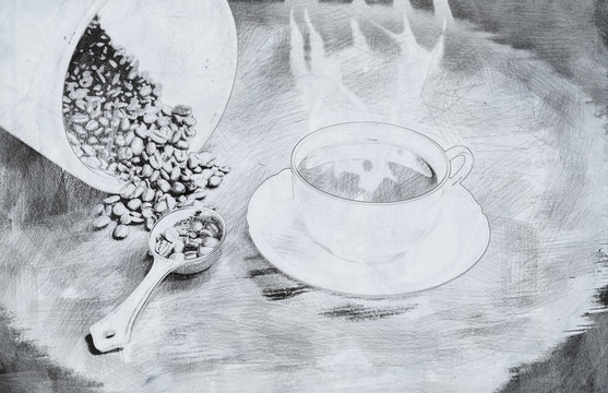 Steaming cup of black coffee in black and white sketch