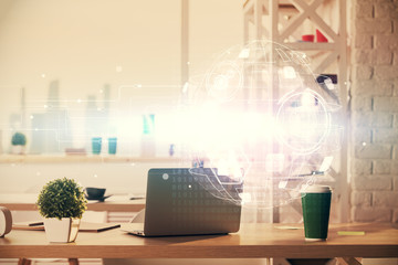 Double exposure of social network theme drawing and office interior background. Concept of web.