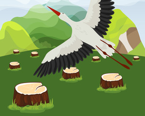 Logging forest with felled trees vector illustration hand drawn. Stumps remaining after cutting. Flying stork close up. Deforestation, damage to environment, nature, wood destruction.