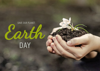 Text Save our planet. Earth day. child hands hold white flower growing from ground. Ecology concept.