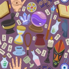 Magical fortune telling mystery occult things vector illustration. Collection set seamless pattern magician background. Tarot cards, coffee, ball for fortune tellers predictions. Book, candle, mask.