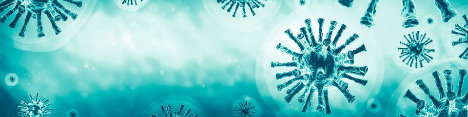 3d Rendering Of Covid-19 / Coronavirus In Blue Background - Virology Concept