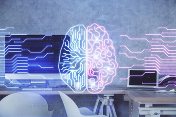 Multi exposure of brain drawing and office interior background. Concept of data technology.
