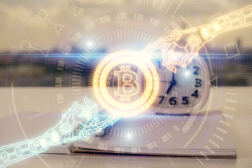 Double exposure of blockchain theme drawings and desk with open notebook background. Concept of Crypto currency