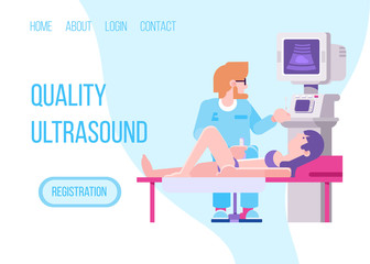 Doctor with ultrasonic medical scanner diagnoses patient health vector illustration website. Woman lie on bed in clinic or hospital near monitor of ultrasound. Internet page banner.