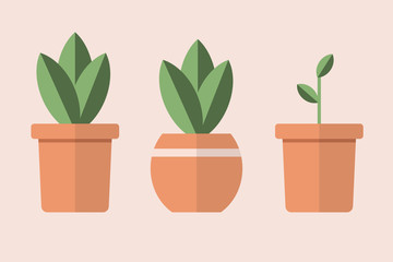Set of simple pots with plants isolated on background. House green plant in the brown flowerpot. Vector illustration in trendy flat and linear style