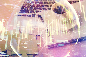 Double exposure of business theme drawing and desktop with coffee and items on table background. Concept of market trading