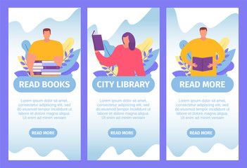 Books web banners set for online reading, knowledge and small people study texbooks flat cartoon vector illustration for web education. Books with tiny people in online library webpage.