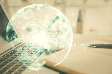 Double exposure of business theme drawing and desktop with coffee and items on table background....