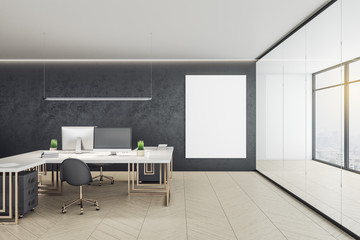 Modern coworking room with blank billboard