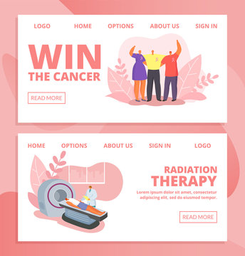 Cancer and people doctors, patients vector illustration set of web banners. Medical examination, oncological cancer treatment and cure man, woman with pink ribbon. Breast mammography, chest x ray.