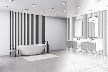White bathroom interior with bath