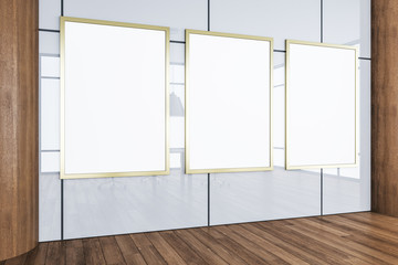 Minimalistic conference room interior with three empty poster